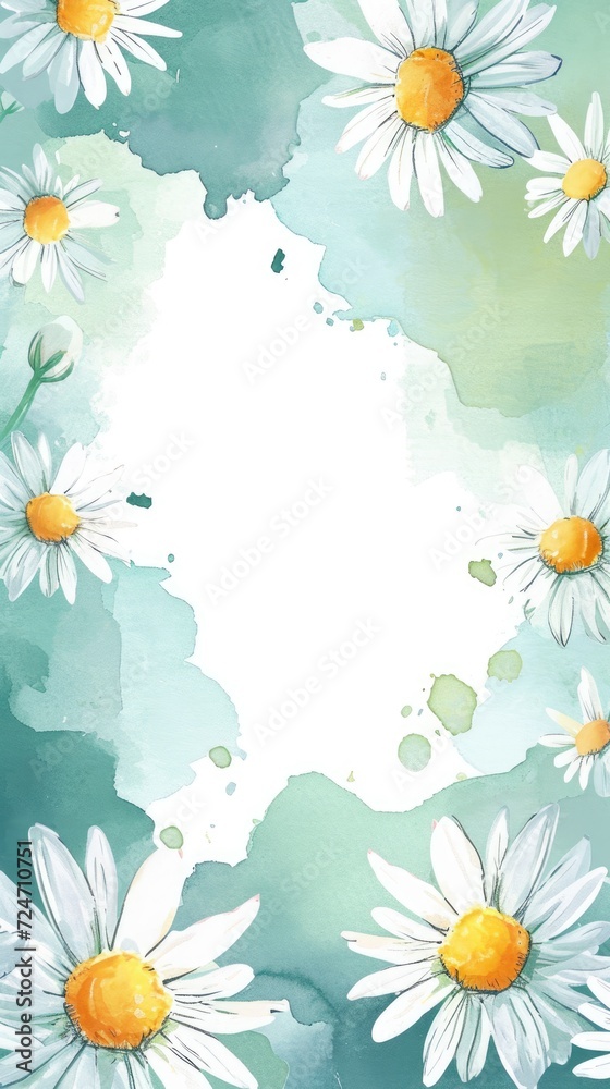 Daisies on Aquamarine Watercolor Splash. Daisy flowers on a textured aquamarine watercolor splash background.