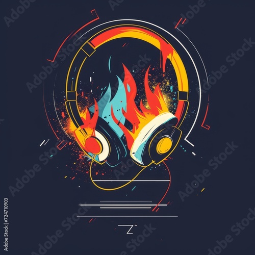 T-shirt design featuring representation of a flaming headphone