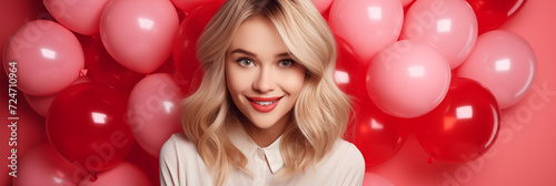 Beautiful blonde girl against the background of red balloons