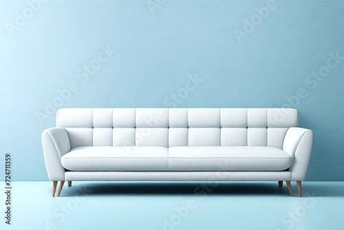 an AI-generated description for an image featuring a sleek and modern white sofa placed against a backdrop of a gently textured light blue wall with a solid color pattern