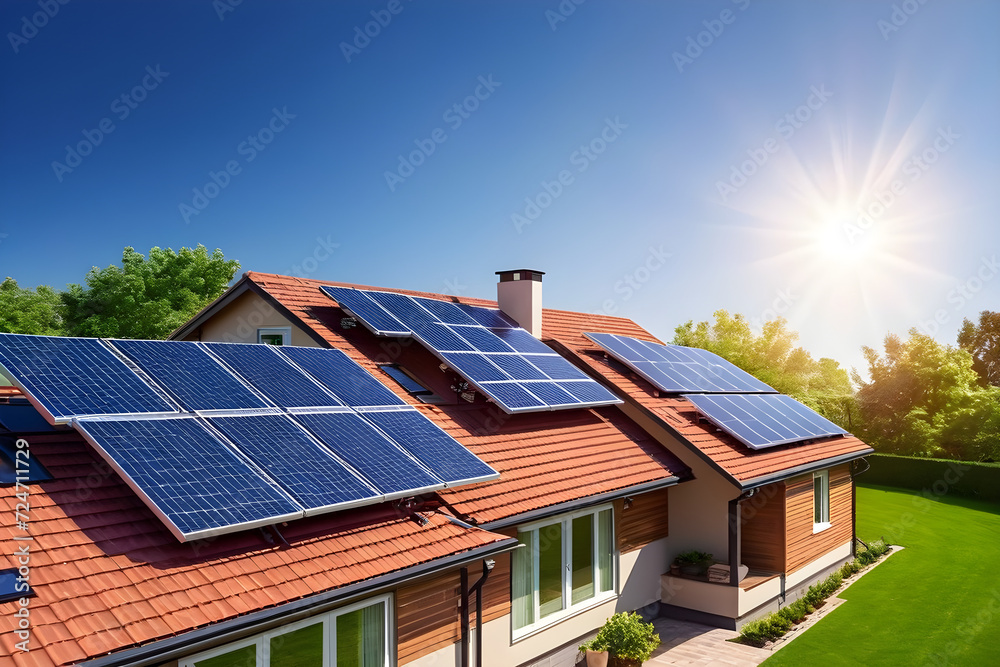 solar energy, solar panel, roof, house, panel, Generative AI