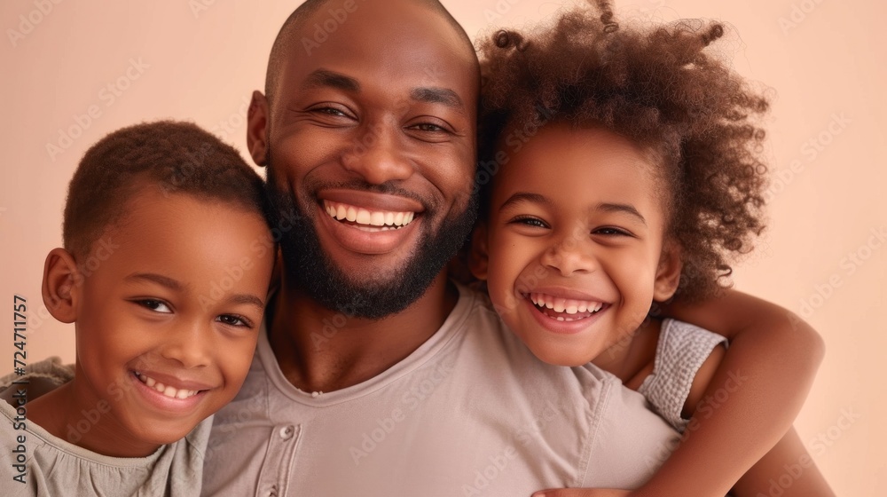 Happy dad and kids pose together in a studio background. Happy dad and kids pose together in a studio background.