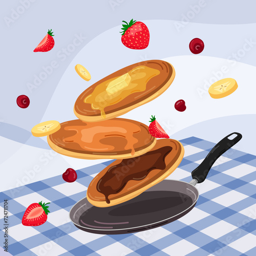 Vector banner for Pancake Day. Pancakes with syrup, melted butter and chocolate flying over the frying pan. Food illustration. Congratulation banner, card, image.