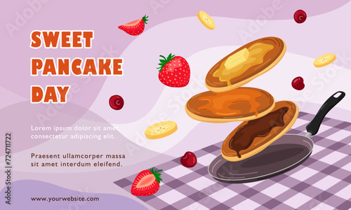 Vector banner for Pancake Day. Pancakes with syrup, melted butter and chocolate flying over the frying pan. Food illustration. Congratulation banner, card, image.