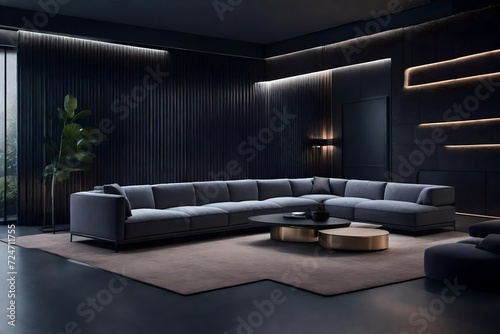 a narrative around a cutting-edge AI-designed living space  where a contemporary modular sofa seamlessly complements a slate gray solid color pattern wall