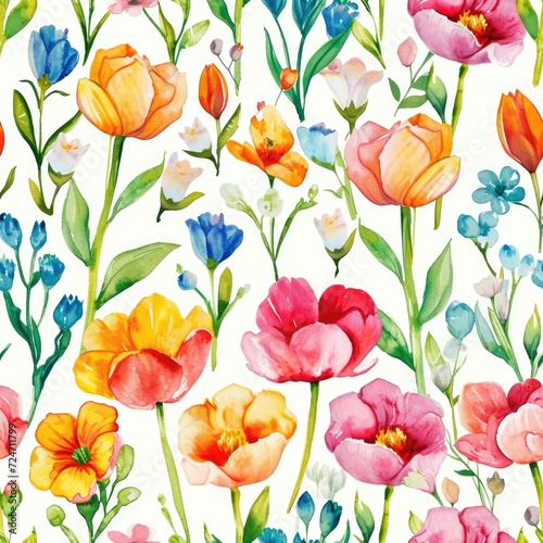 Bright Watercolor Floral Seamless Background. A seamless pattern of bright watercolor flowers and leaves on a white background. © Oksana Smyshliaeva
