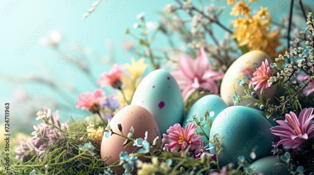 Pastel Easter Eggs and Spring Flowers. A vibrant display of painted Easter eggs amid a bloom of spring flowers. Pastel Easter Eggs and Spring Flowers. A vibrant display of painted Easter eggs amid a bloom of spring flowers.