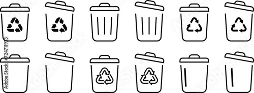 モノクロの線画のゴミ箱のアイコンセット