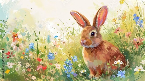Bunny in a Vibrant Watercolor Flower Field. Watercolor artwork of a bunny in a field of vivid wildflowers.