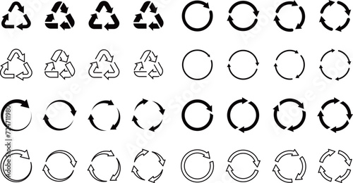 リサイクル図や循環する矢印のシルエットと線画アイコンセット