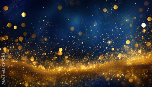 abstract background gold foil texture holiday concept with dark blue and gold particle christmas golden light shine particles bokeh on navy blue background