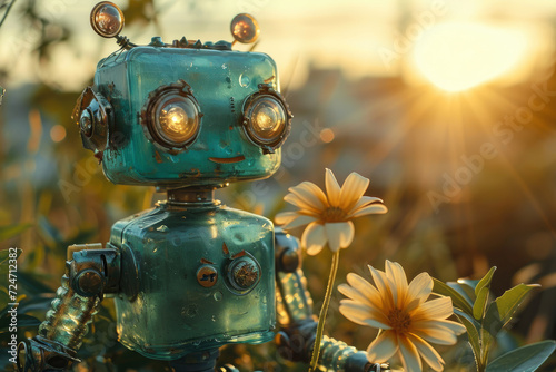 Experience the quirky charm of an overweight robot flower toy, set against the vibrant backdrop of harsh summer sunlight and lush tropical weather.