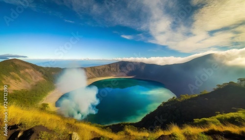 crater lake with smoke in poas volcano national park