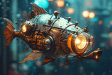 A steampunk underwater world with a mechanical fish in an alien landscape, illuminated by all seasons filtered light in a late afternoon ambiance.