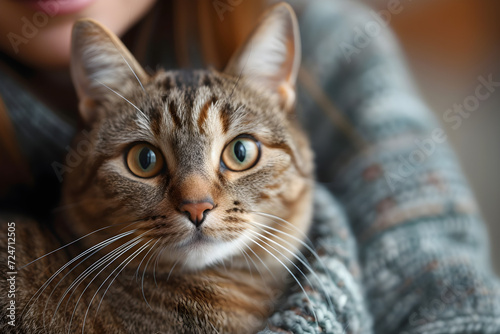 A favorite pet cat brings joy to its adult owner in a loving portrait.