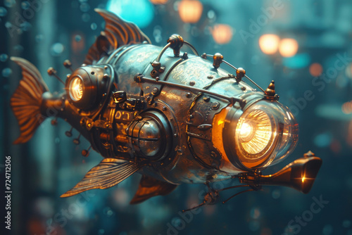 A steampunk underwater world with a mechanical fish in an alien landscape, illuminated by all seasons filtered light in a late afternoon ambiance. © Mongkol