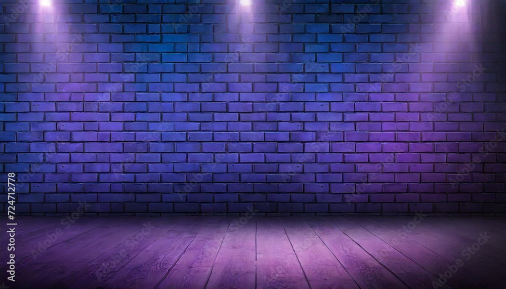 dark blue and purple empty brick wall texture pattern with bright spotlights neon tubes and laser beams empty scene background products display and presentation