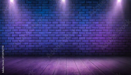 dark blue and purple empty brick wall texture pattern with bright spotlights neon tubes and laser beams empty scene background products display and presentation