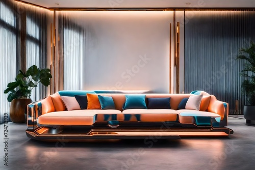 through generative AI the epitome of modern luxury in home decor - an expensively crafted, architecturally unique low-profile sofa featuring a futuristic design concept and oversized, plush cushions