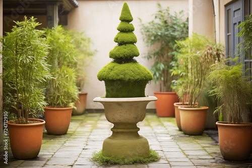moss grown conical topiary in a courtyard