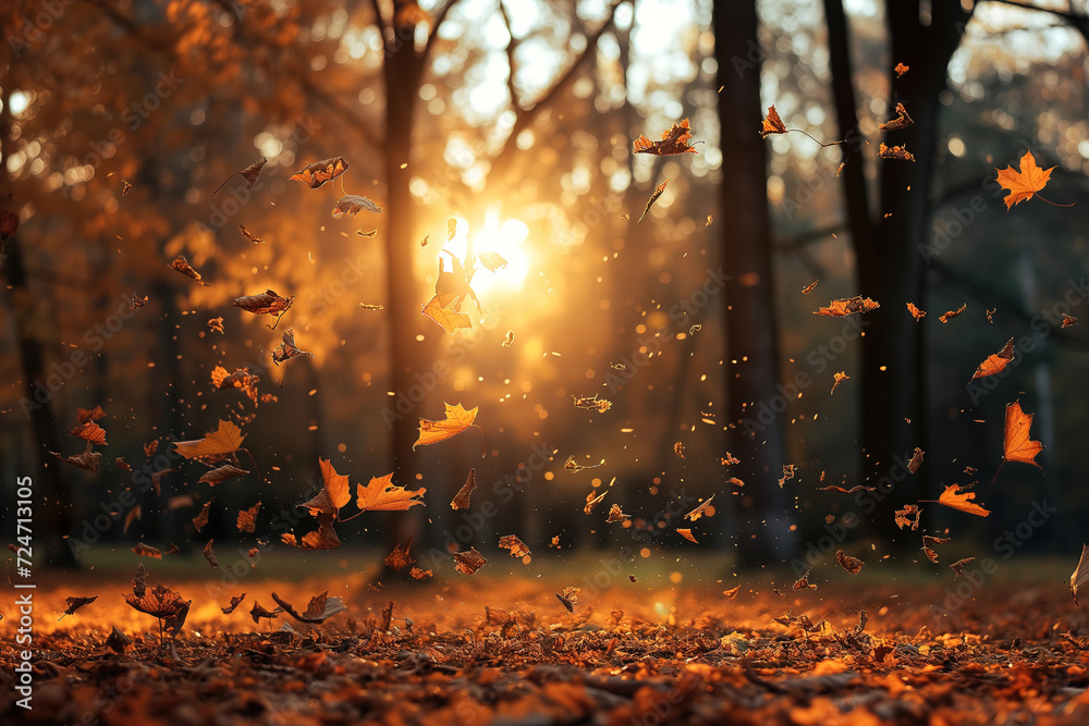 Autumn forest and fall landscape in the park. Colorful autumn leaves falling from tree branches at sunset Autumn forest and fall landscape in the park. Colorful autumn leaves falling from tree branches at sunset