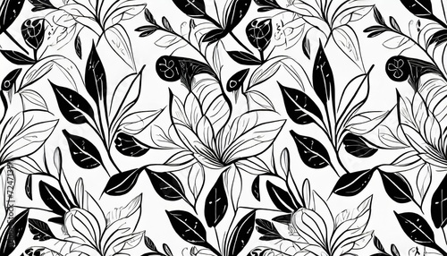 abstract seamless pattern with black and white leaves and floral elements vector illustration