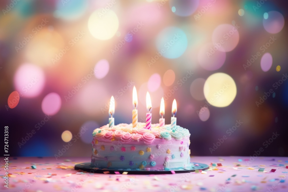birthday cake with candles on table in bokeh background birthday cake with candles on table in bokeh background