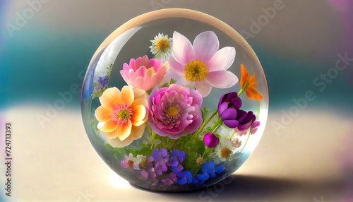 colorful blossoming flowers with gentle petals and pleasant aroma inside a crystal sphere generative ai