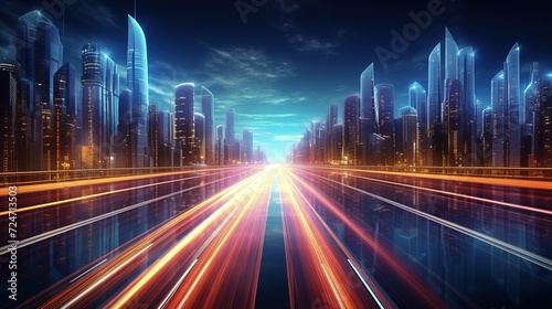 Speed light trails path through smart modern mega city and skyscrapers town with neon futuristic technology background  future virtual reality  motion effect  high speed light