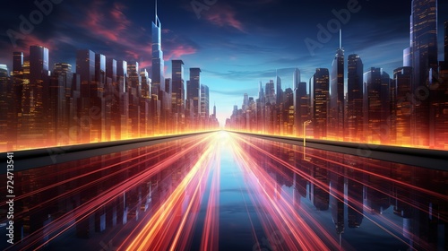 Speed light trails path through smart modern mega city and skyscrapers town with neon futuristic technology background  future virtual reality  motion effect  high speed light