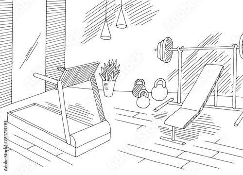 Gym interior sport club graphic black white sketch illustration vector 