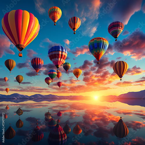 Rows of colorful hot air balloons against a sunrise