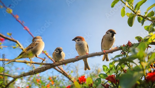 colorful sparrows on a branch a vibrant and lively scene capturing the charm of small birds perched on a branch 