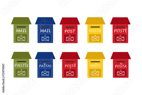 A set of red, yellow, blue and green mailboxes with a compartment for newspapers and letters. Colored mailboxes with an envelope sign and the inscription mail in several languages. Vector illustration photo