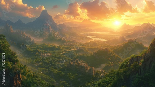 Beautiful panorama view of the valley and mountains at sunrise © MrHamster
