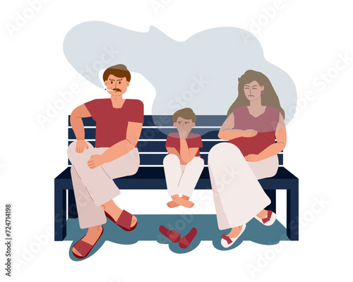 A man smokes in the presence of a child and a woman on the street. A husband with a cigarette sits on a bench next to his son and pregnant wife in a cloud of smoke. passive smoking, vector