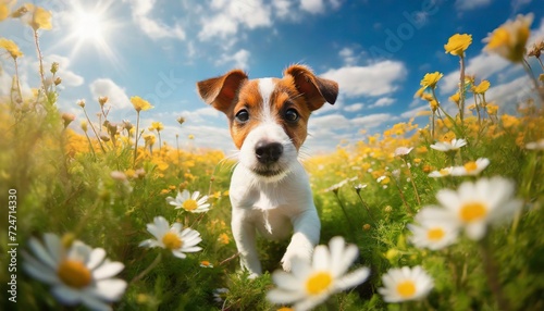 jack russell terrier puppy in flower field