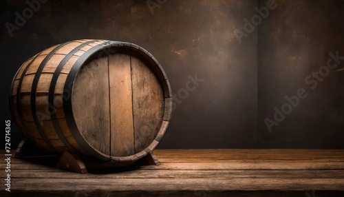 rustic barrels for beverage in a dark wine cellar wooden empty surfaces for copy space mockup template for design of beer wine alcohol products vintage retro style background