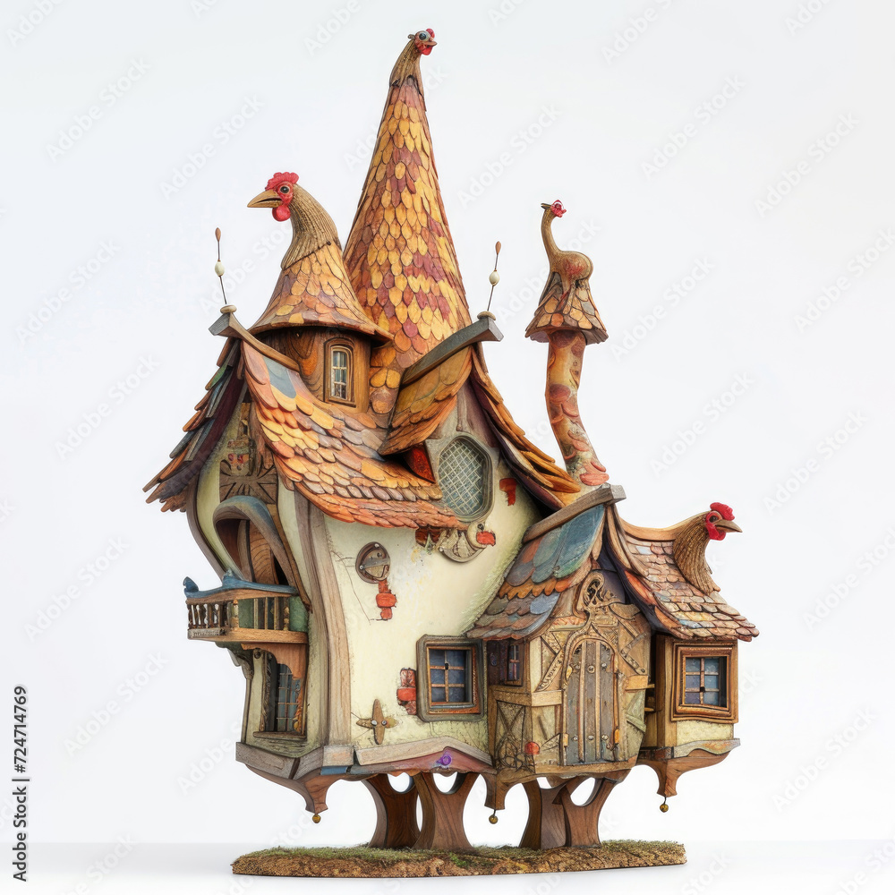 A fairy-tale-inspired wooden cottage on a white background
