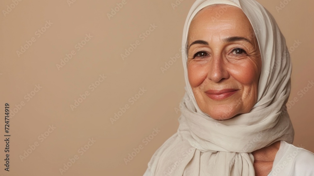 Elegant beauty of a Muslim senior woman portrayed in a studio with a light background, featuring a radiant smile, stylish grey hair, and wrinkles. Elegant beauty of a Muslim senior woman portrayed in a studio with a light background, featuring a radiant smile, stylish grey hair, and wrinkles.