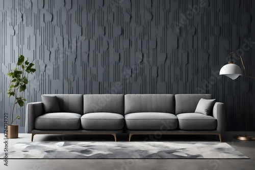 a detailed and imaginative scene featuring a state-of-the-art AI-generated interior, showcasing a contemporary modular sofa against a slate gray solid color pattern wall