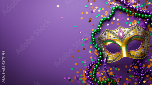 Mardi Gras carnival mask and beads on purple background