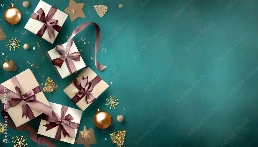 banner with many gift boxes tied velvet ribbons and paper decorations on turquoise background christmas background