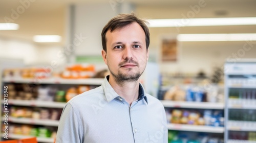 A cashier man at a grocery store, standing in a horizontal portrait.