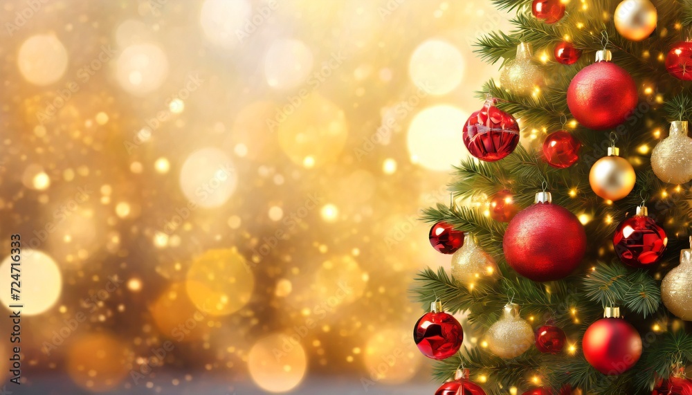 christmas tree with red gold ornaments and baubles on bright blurred bokeh lights background banner
