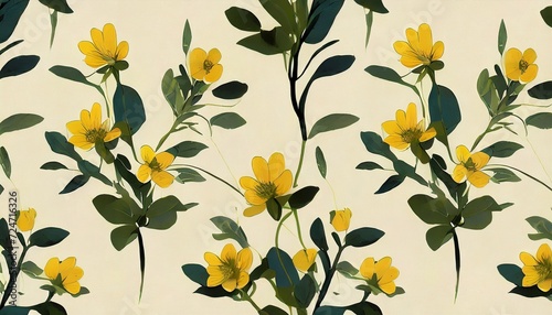 seamless pattern of decorative plants with yellow flowers on a light background fresco mural wallpaper for interior printing