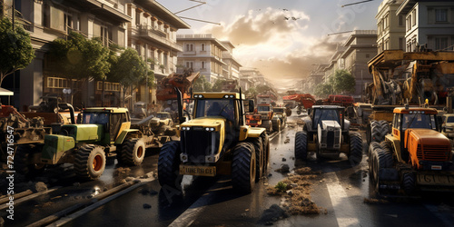 Tractors in industrial farm greenhouse in the style of matte painting .
