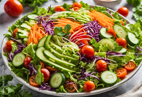  Close-up of a vibrant rainbow salad with crisp lettuce
