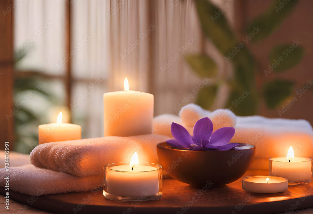 A soothing spa scene with candles and soft lighting