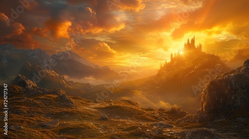 Fantasy landscape with castle and mountain at sunset. 3d illustrations © MrHamster